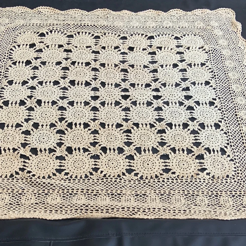 Cream Crochet Lace Table Topper 41.5” Square Cottagecore Farmhouse